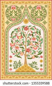 Pattern with stylized tree of life in retro, vintage style. Jacobean embroidery. Colored vector illustration In soft orange and green colors. Persian, indian carpet  motif.