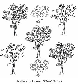 Pattern from the stylized tree of an ordinary oak. A modern image with a smooth flowing line. Beautiful unusual nature design. Black drawing on a white background.