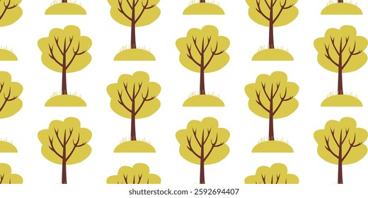 Pattern of stylized trees with green foliage in a repeating design for fabric or wallpaper use