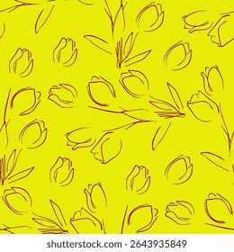A pattern of stylized tulips drawn in brown outline on a bright yellow background. The tulips are depicted in different orientations and poses, creating a dynamic and repeating pattern. 