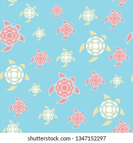 Pattern of stylized turtles. The colors of the sea and the beach. Blue, yellow, coral. Colorful vector illustration in flat style.