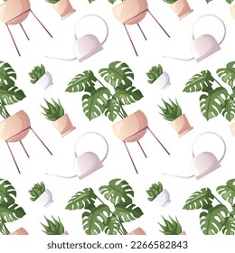 Pattern with succulent, watering can, monstera houseplant in pot. Indoor potted house plant in flowerpot. Home garden, greenhouse, gardening lover. Domestic store wallpaper, scrapbooking, textile