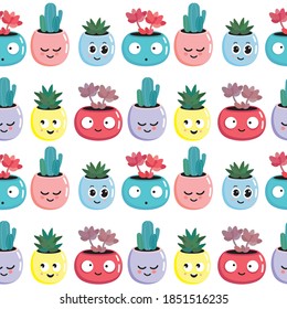 pattern, succulents and cacti in pots, cartoons