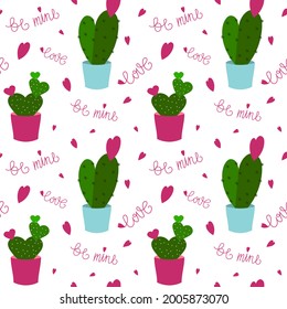 Pattern with succulents, hearts and text. Vector illustration isolated on white background. For prints, fabric and packaging, flower shops, promotions, covers and brochures, flyers.