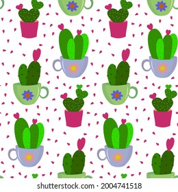 Patrón con suculentos en una taza de té y una olla. Ilustración vectorial aislada en fondo blanco. Para impresiones, tejidos y embalajes, tiendas de flores, promociones, portadas y folletos, folletos.