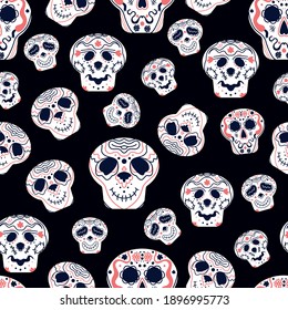 Pattern with Sugar skullom black background. Dead head skull vector print