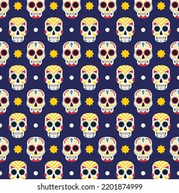 Pattern With Sugar Skulls For Day Of The Dead Vector Illustration In Flat Style