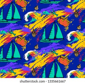 Pattern of suitcase, wave, yacht and other items that symbolize a beach holiday. Vector illustration. Suitable for fabric, wrapping paper and the like