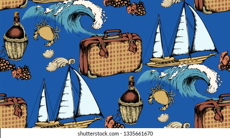 Pattern of suitcase, wave, yacht and other items that symbolize a beach holiday. Vector illustration. Suitable for fabric, wrapping paper and the like