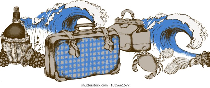 Pattern of suitcase, wave, yacht and other items that symbolize a beach holiday. Vector illustration. Suitable for fabric, wrapping paper and the like