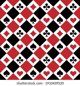 Pattern suits of playing cards. Spades, Hearts, Clubs, Diamonds. Geometric background.