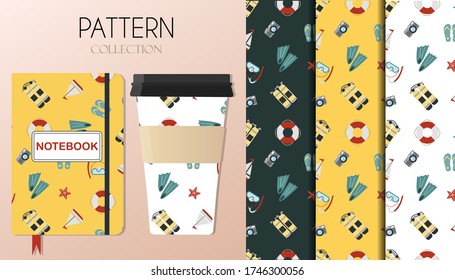 A pattern with summer accessories a swimsuit, surfboard, flip-flops, a set for snorkeling, diving balloons and cooling drinks. The background is depicted on a notebook and coffee cups. Background for