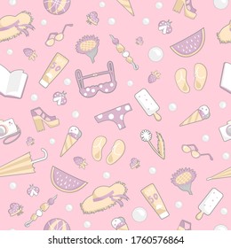 Pattern summer attributes: ball, ice cream, butterfly, umbrella, hat, spf 50 cream, book, swimsuit, watermelon, strawberry, photograph, shoes, sandals, glasses, kebab, ladybug. Vector illustration.