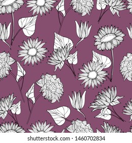 Pattern with summer, autumn wildflowers, sunflowers. Hand draws a liner of plants in different angles. botanical illustration vintage, isolated background. Autumn design for wrapping, wallpaper