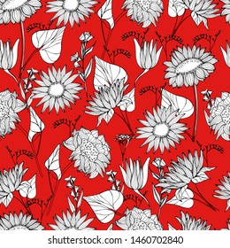 Pattern with summer, autumn wildflowers, sunflowers. Hand draws a liner of plants in different angles. botanical illustration vintage, isolated background. Autumn design for wrapping, wallpaper