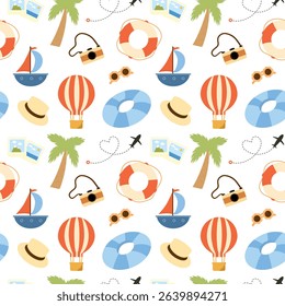 Pattern with summer beach elements. Collection of traveling, vacation. Journey or trip elements. Balloon, palm, ship, beach accessories. Flat vector pattern.