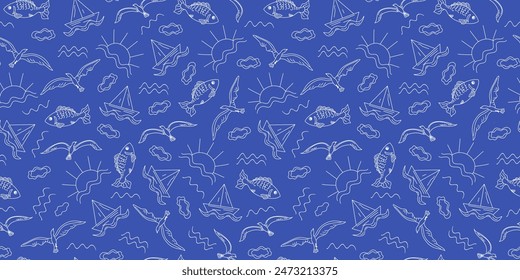 Pattern Summer beach sea set. Holidays on the sea, ocean. Fish, ship, seagulls, sun. Summer holidays. Linear hand drawn icons. Seamless background.