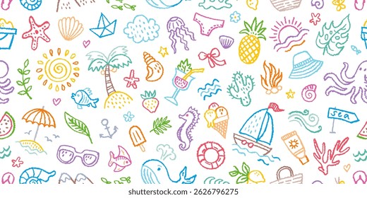 Padrão com praia de verão. Padrão de verão marítimo sem emenda. Fundo de ícone de praia infantil com nuvem de sol abacaxi onda de mar. Desenhado à mão bonito criança esboço sem costura bg. Impressão infantil de giz de cera de linha vetorial