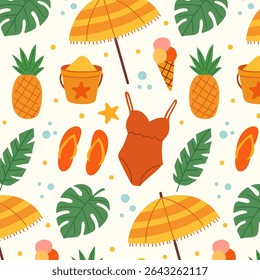 Pattern of summer beach set. Flat hand drawn illustration. Palm trees, swimsuit, tropical leaves, flip flops, pineapple, sand, icecream. Perfect for packaging, textiles, backgrounds, cards, prints.