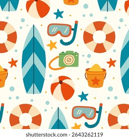Pattern of summer beach set. Flat hand drawn illustration. Surfing, ball, sand, lifebuoy, camera, sand. Perfect for packaging, textiles, backgrounds, cards, prints.