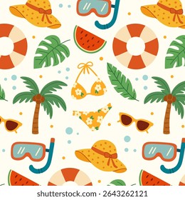 Pattern of summer beach set. Flat hand drawn illustration. Palm trees, shells swimsuit, tropical leaves, hat, sunglasses, bag, flip flops. Perfect for packaging, textiles, backgrounds, cards, prints.