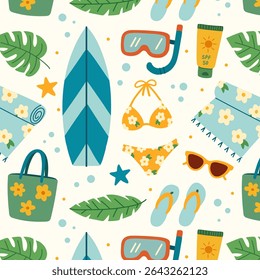 Pattern of summer beach set. Flat hand drawn illustration. Palm trees, shells, swimsuit, tropical leaves, surfing, sand, bag, sunscrin. Perfect for packaging, textiles, backgrounds, cards, print