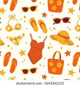 Pattern of summer beach set. Flat hand drawn illustration. Palm trees, shells, swimsuit, tropical leaves, hat, sunglasses, bag, flip flops. Perfect for packaging, textiles, backgrounds, cards, prints.
