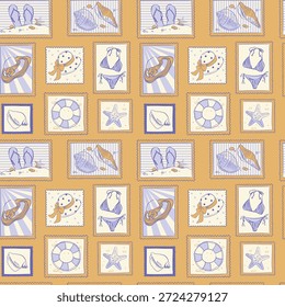 Muster des Sommers Strandurlaub. Badeanzug, Flip-Flops, Sonnenmütze, aufblasbarer Ring und handgezeichnete Schalen in Form von Briefmarken. Retro-Stil. Tapete für Textilien und Verpackungen.