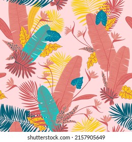 Pattern summer color tropical plants and flowers in pots. Vector color sketch on a white background. Ultraviolet pink, blue, turquoise.