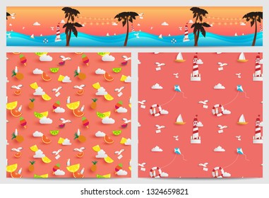 Pattern of summer decorated in square and parallax tile they are consist of paper craft elements such as beach ,fruits,boat and sunset ray light color. 