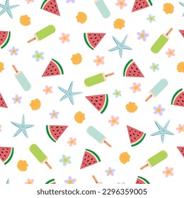 Pattern with summer elements. Ice cream, watermelon, starfish in a seamless pattern. Flat style vector image