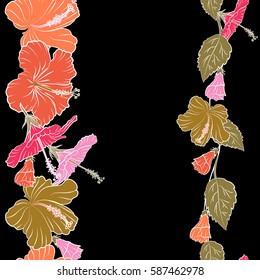 Pattern for summer fashion, fabric, textile. Seamless vector tropical design with hibiscus on a black backdrop in orange and pink colors. Vertical exotic flowers in allover composition with copy space