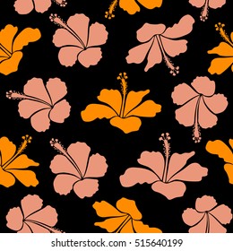 Pattern for summer fashion, interior, wallpaper. Seamless vector tropical design with hibiscus on a black background in neutral and orange colors. Exotic flowers in allover composition.