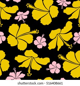 Pattern for summer fashion, interior, wallpaper. Seamless vector tropical design with hibiscus on a black background in yellow and neutral colors. Exotic flowers in allover composition.