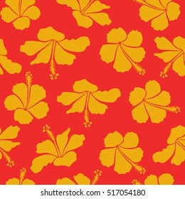 Pattern for summer fashion, interior, wallpaper. Vector illustration. Seamless vector tropical design with hibiscus in red and yellow colors. Exotic flowers in allover composition.
