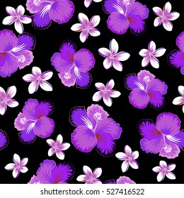 Pattern for summer fashion, interior, wallpaper. Vector tropical design with hibiscus on a black background in pink, neutral and violet colors. Exotic flowers in allover composition.