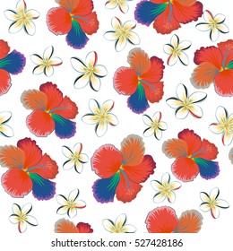 Pattern for summer fashion, interior, wallpaper. Vector tropical design with hibiscus on a white background in orange, blue and gray colors. Exotic flowers in allover composition.