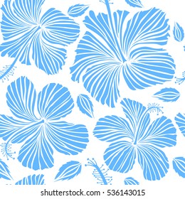 Pattern for summer fashion, interior, wallpaper. Vector tropical design with hibiscus on a white background in blue colors. Exotic flowers in allover composition.