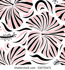 Pattern for summer fashion, interior, wallpaper. Seamless vector tropical design with hibiscus on a white background in neutral and black colors. Exotic flowers in allover composition.