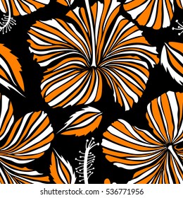 Pattern for summer fashion, interior, wallpaper. Seamless vector tropical design with hibiscus on a black background in white and orange colors. Exotic flowers in allover composition.