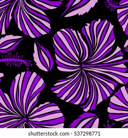 Pattern for summer fashion, interior, wallpaper. Seamless vector tropical design with hibiscus on a black background in violet and neutral colors. Exotic flowers in allover composition.