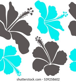 Pattern for summer fashion, interior, wallpaper. Seamless vector tropical design with hibiscus on a white background in gray and blue colors. Exotic flowers in allover composition.