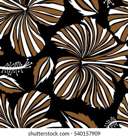 Pattern for summer fashion, interior, wallpaper. Seamless vector tropical design with hibiscus on a black background in white and brown colors. Exotic flowers in allover composition.