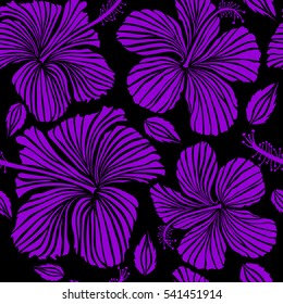 Pattern for summer fashion, interior, wallpaper. Vector tropical design with hibiscus on a black background in violet colors. Exotic flowers in allover composition.