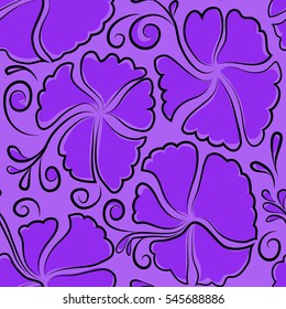 Pattern for summer fashion, interior, wallpaper. Exotic flowers in allover composition. Vector illustration. Seamless vector tropical design with hibiscus in violet colors.