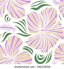 Pattern for summer fashion, interior, wallpaper. Seamless vector tropical design with hibiscus on a white background in beige and neutral colors. Exotic flowers in allover composition.