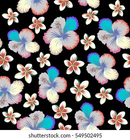 Pattern for summer fashion, interior, wallpaper. Vector tropical design with hibiscus on a black background in violet, blue and beige colors. Exotic flowers in allover composition.