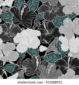 Pattern for summer fashion, interior, wallpaper. Seamless vector tropical design with hibiscus on a black background in blue and gray colors. Exotic flowers in allover composition.