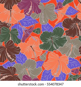 Pattern for summer fashion, interior, wallpaper. Vector illustration. Seamless vector tropical design with hibiscus in orange, violet and purple colors. Exotic flowers in allover composition.