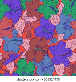 Pattern for summer fashion, interior, wallpaper. Exotic flowers in allover composition. Vector illustration. Seamless vector tropical design with hibiscus in pink, violet and orange colors.